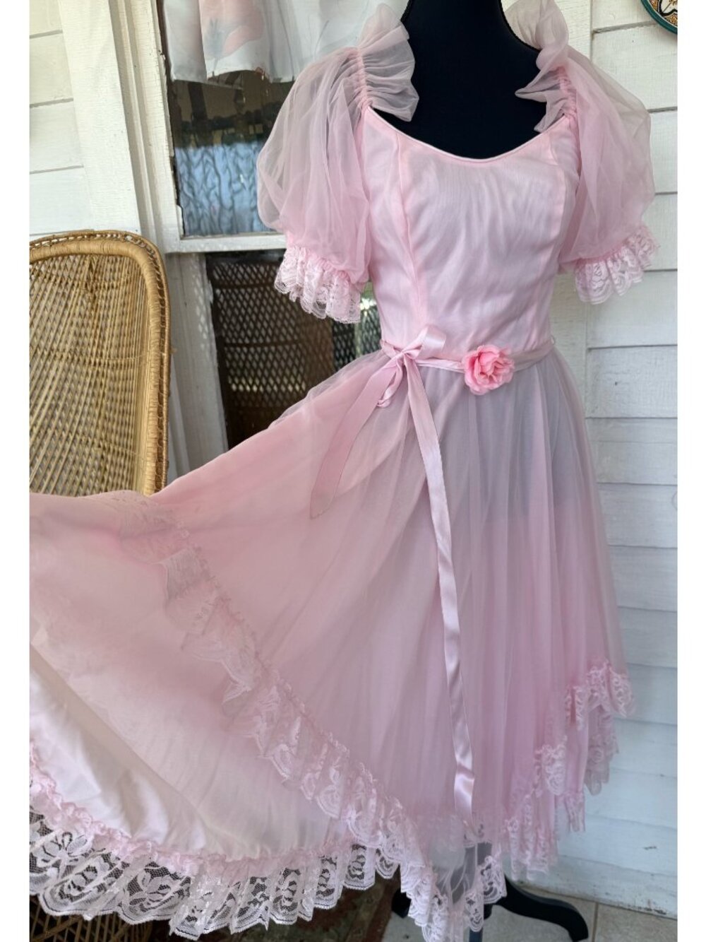 Vintage 80s Bubble Gum Pink Sheer Nylon & Lace Party Dress Balloon Sleeves Sz M - Picture 2 of 16
